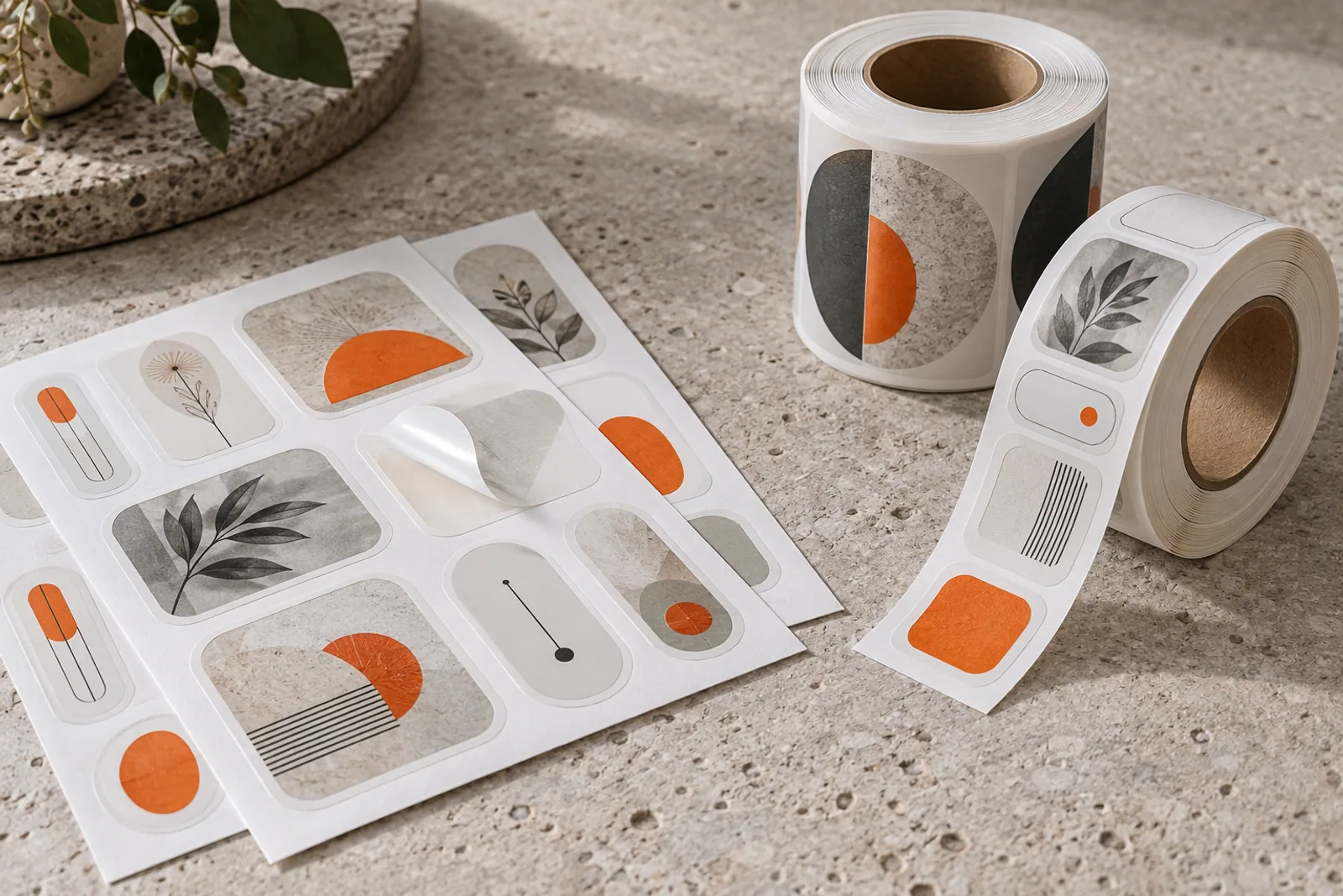 Konturgeschnittene Etikettenbögen und zwei bedruckte Etikettenrollen auf einer hellen Steinoberfläche.