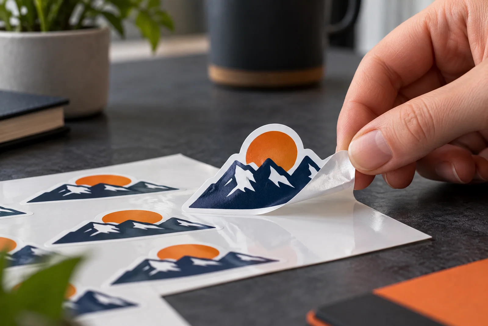 Hand löst einen konturgeschnittenen Aufkleber mit Bergmotiv und orangefarbener Sonne vom Trägerpapier.