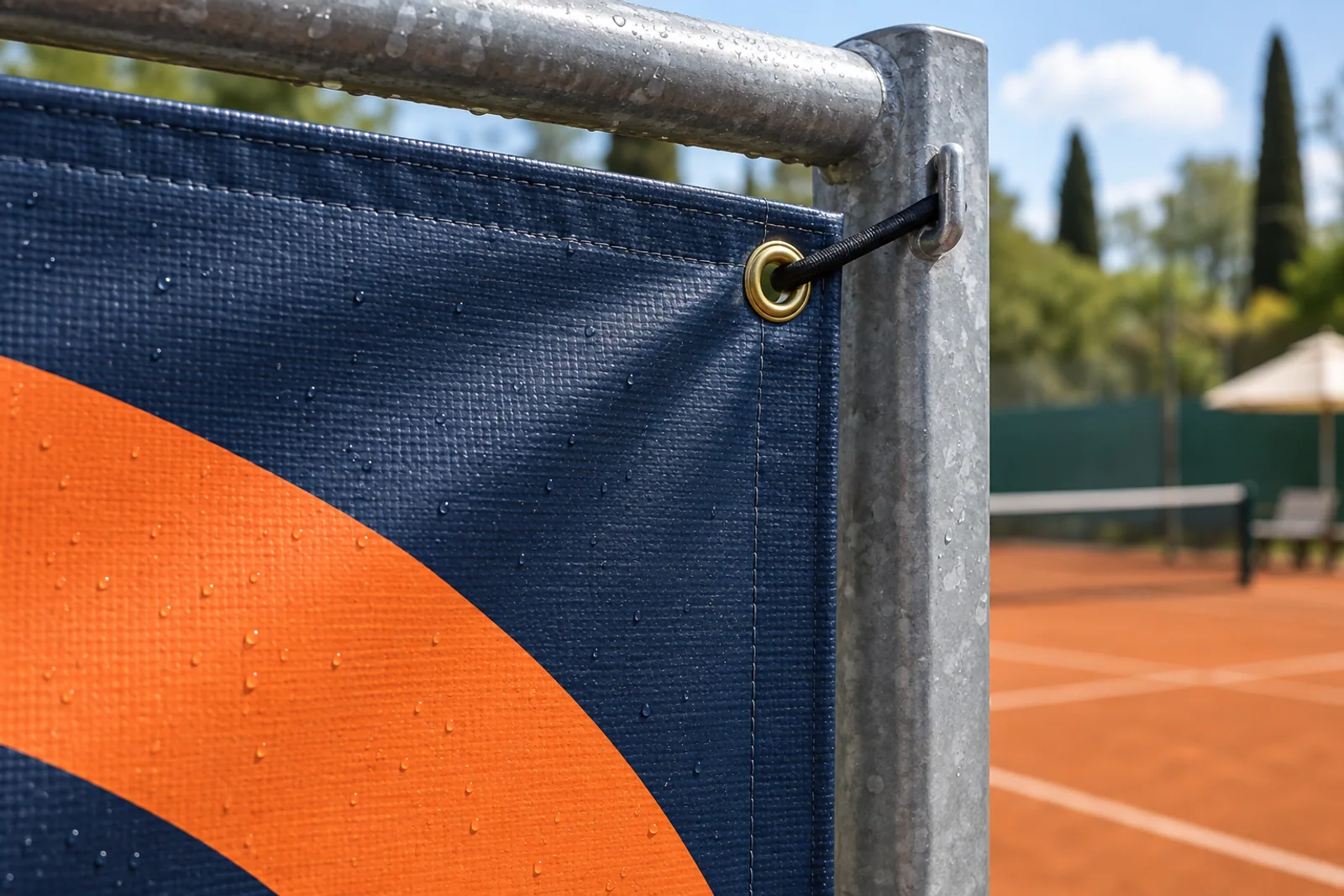 Verstärkter Banner-Saum mit Messingöse und elastischer Befestigung an einem Tennisplatz.