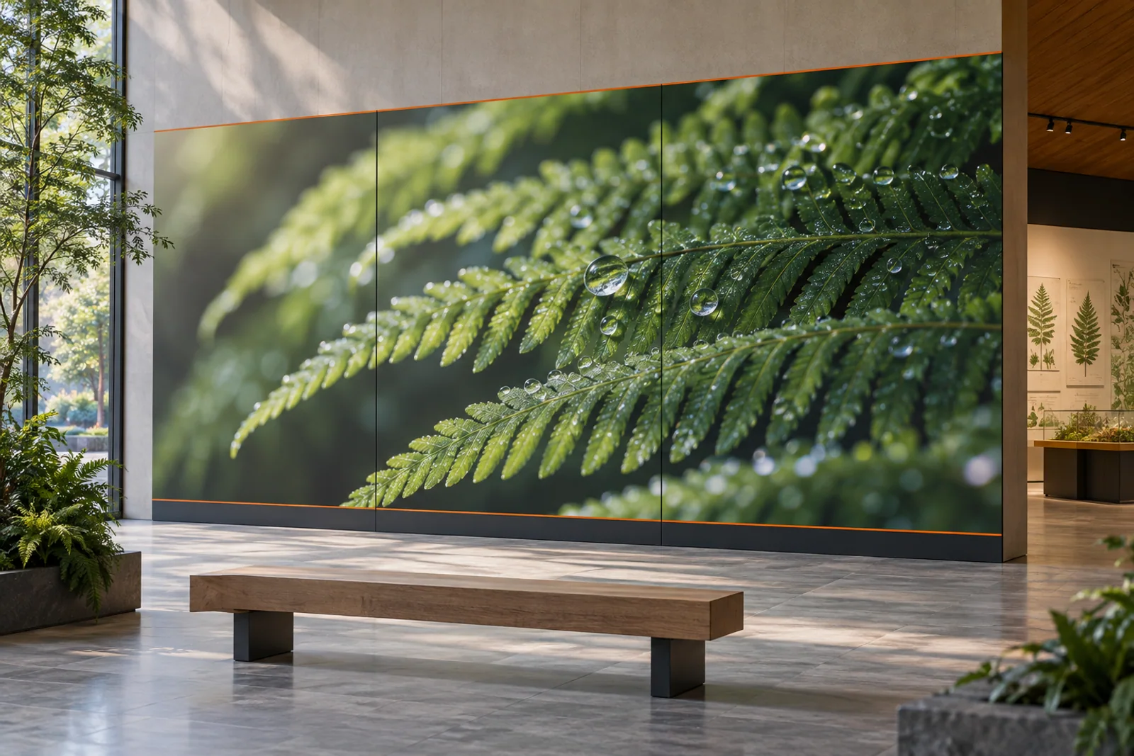 Großformatiger mehrteiliger Farndruck hinter einer Sitzbank in einer Ausstellung.