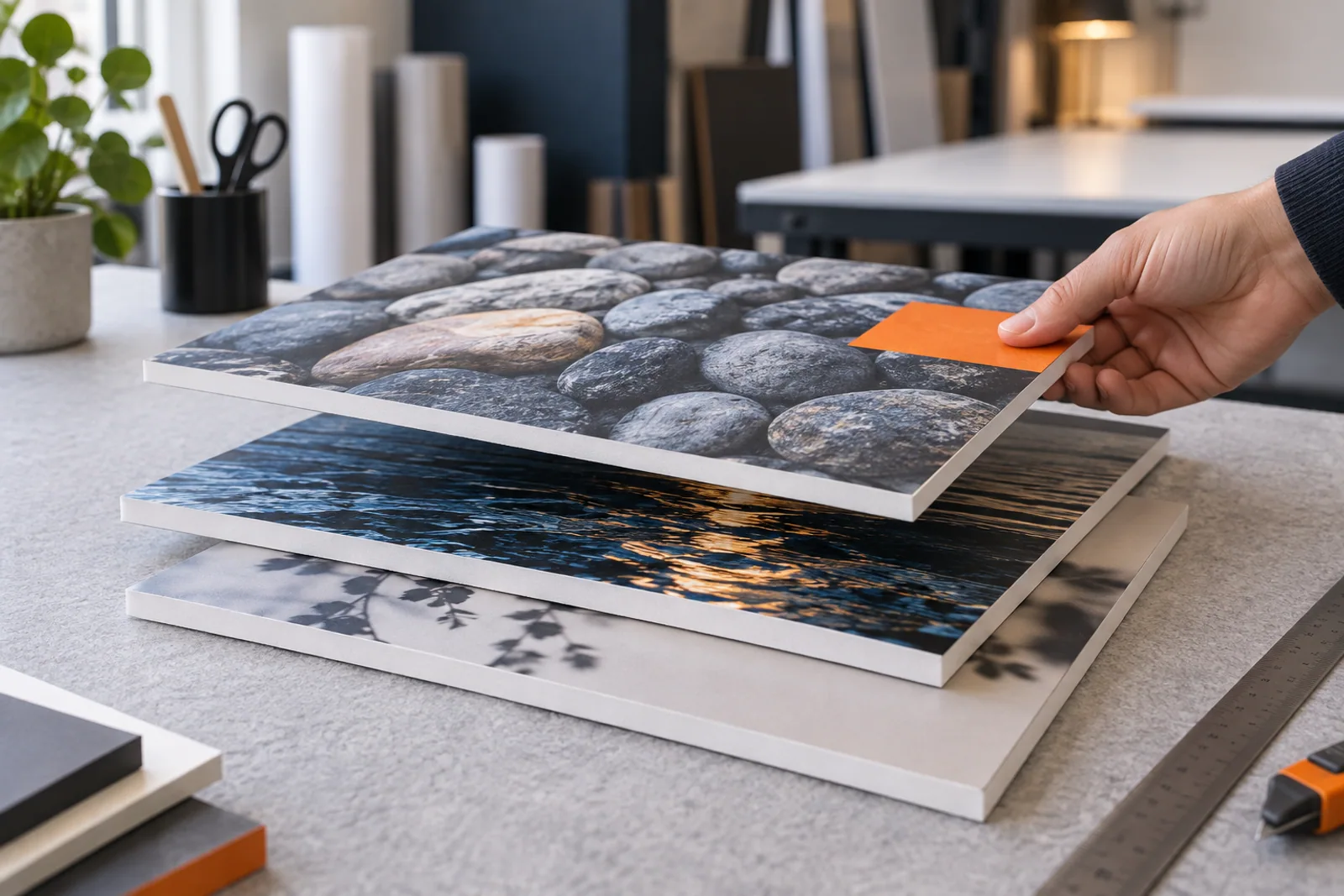 Hand zeigt die Kante einer leichten bedruckten Platte über weiteren Fotodruckplatten.