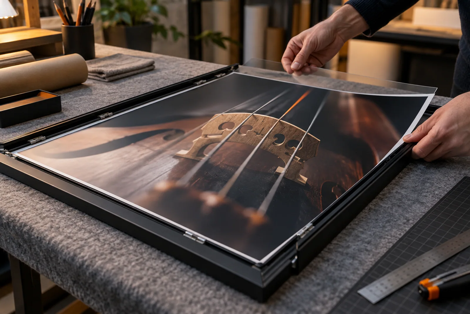Hände setzen ein fotografisches Celloposter mit Schutzfolie in einen geöffneten schwarzen Rahmen ein.