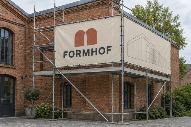 Beigefarbenes FORMHOF-Gerüstbanner mit terrakottafarbenem Bogenlogo und Architekturzeichnung über Eck an einem Backsteingebäude.