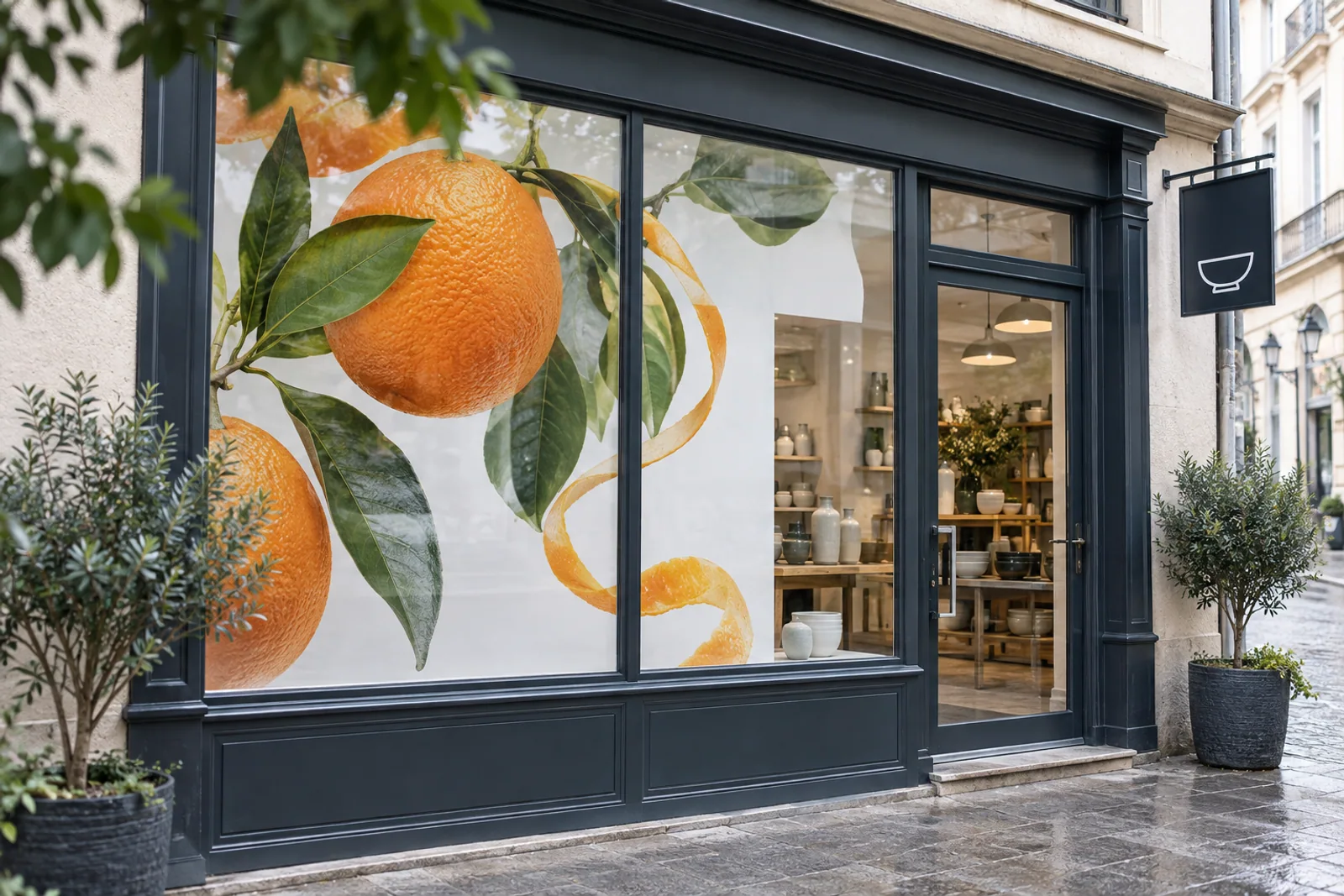Schaufenstergestaltung mit groß gedruckten Orangen, Blättern und freien Glasbereichen.
