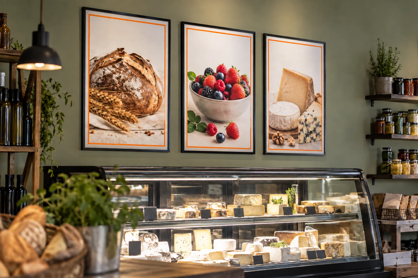 Drei gerahmte Lebensmittelposter mit Brot-, Beeren- und Käsemotiven über einer Feinkosttheke.