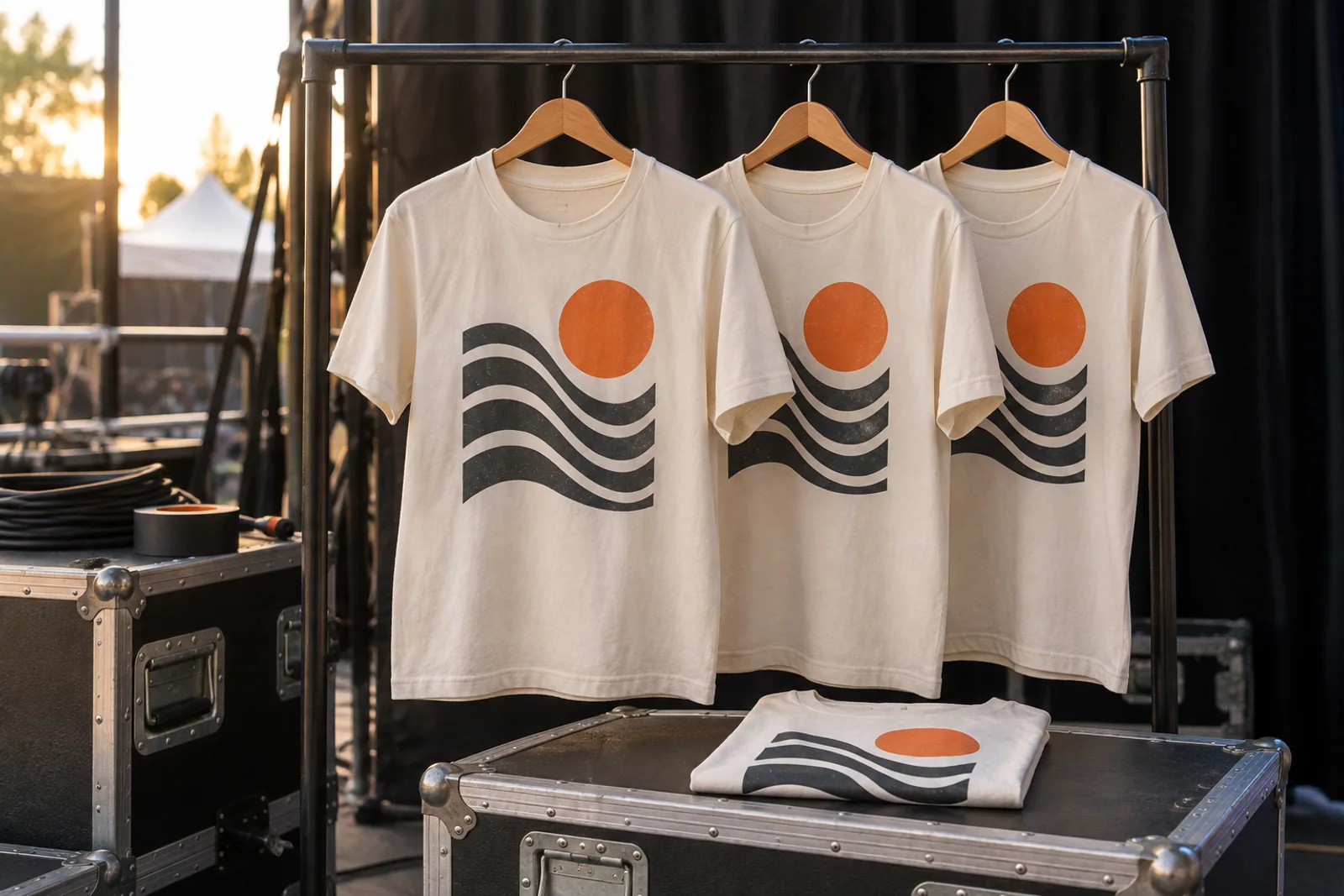Bedruckte cremefarbene Eventshirts mit Wellenmotiv hängen an einer Kleiderstange neben Transportkoffern.