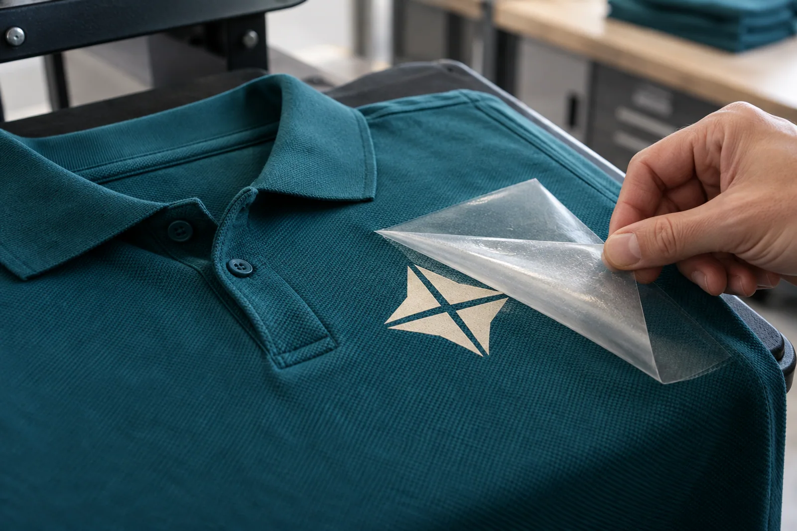 Trägerfolie wird von einem cremefarbenen geometrischen Textildruck auf einem petrolfarbenen Poloshirt abgezogen.