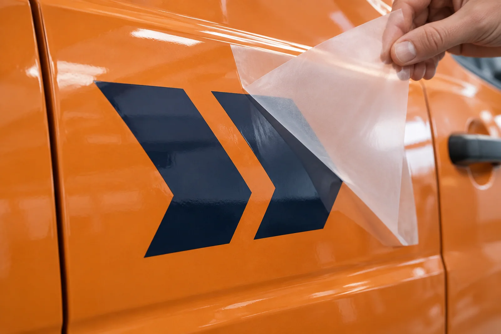 Hand zieht Übertragungsfolie von dunkelblauen Winkelgrafiken auf einer orangefarbenen Fahrzeugtür ab.