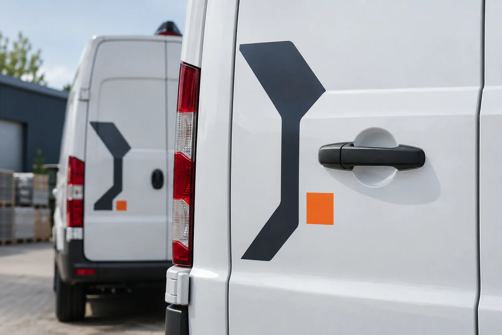 Zwei Transporterhecks mit abgestimmter dunkelgrauer Grafik und orangefarbenem Quadrat.