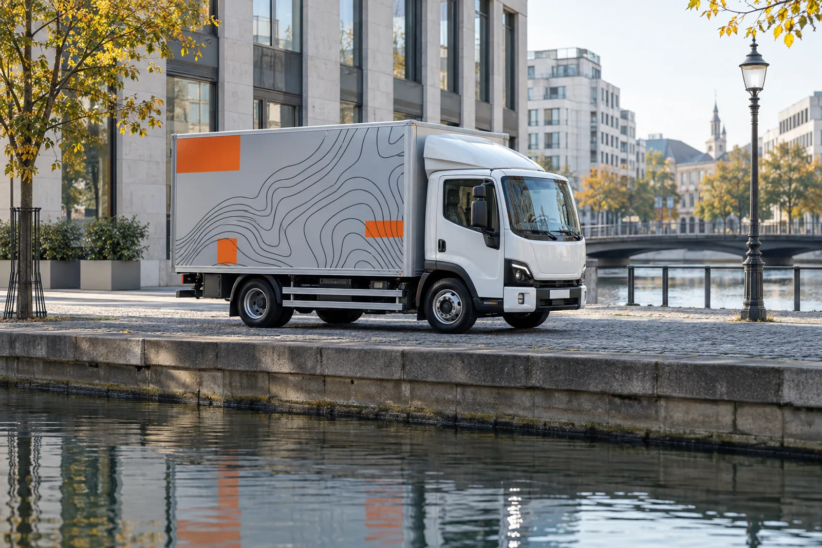Weißer Koffertransporter mit topografischer Liniengrafik und orangefarbenen Akzenten an einer städtischen Uferstraße.
