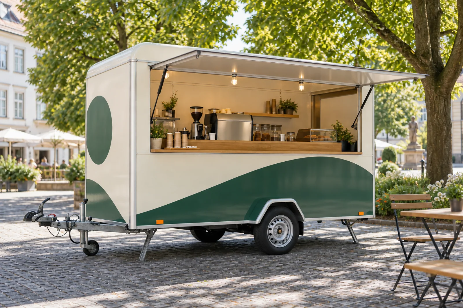 Creme-grüner Verkaufsanhänger mit geöffneter Ausgabeklappe auf einem begrünten Platz.