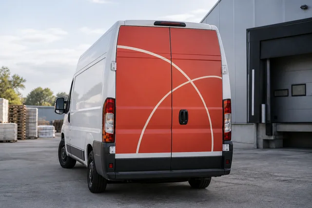 Weiße Lieferwagen-Hecktüren mit korallfarbener Teilfolierung und cremefarbenen Bögen.