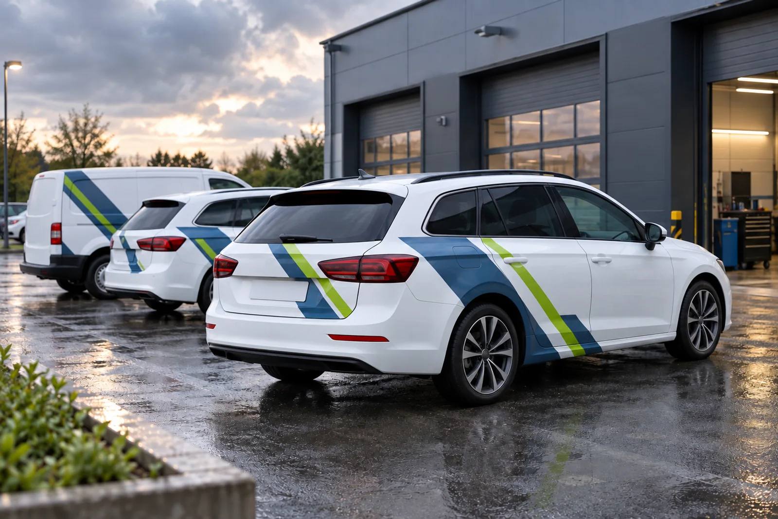 Zwei weiße Kombis und ein Transporter mit blau-limettenfarbenen Streifen vor einer Werkstatt.