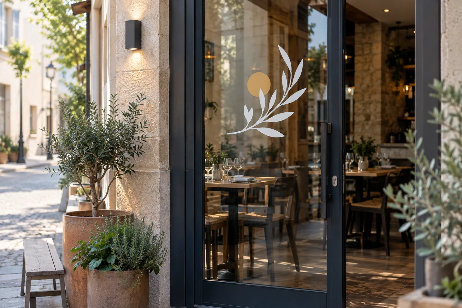 Weiße Zweiggrafik und ockerfarbener Kreis auf der Glastür eines Bistros.