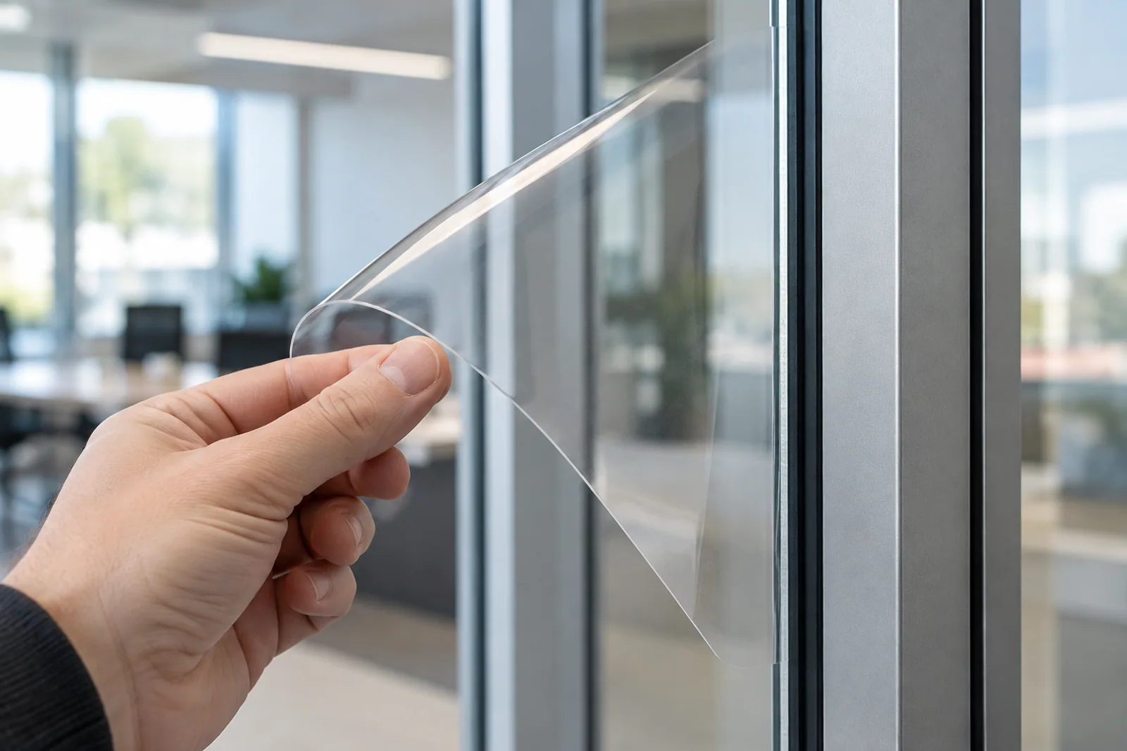 Eine Hand zeigt eine gebogene transparente Sicherheitsfolienprobe vor einem Aluminium-Fensterrahmen.