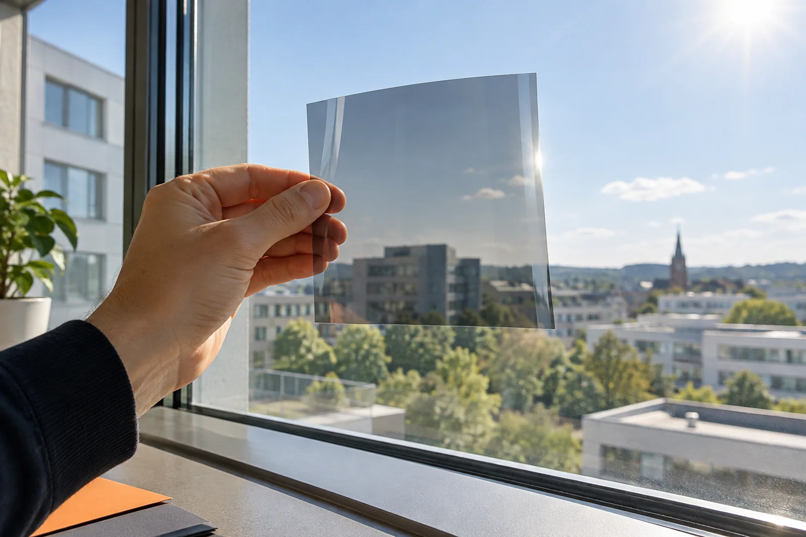 Hand hält eine transparente Sonnenschutzfolienprobe vor ein sonniges Bürofenster.