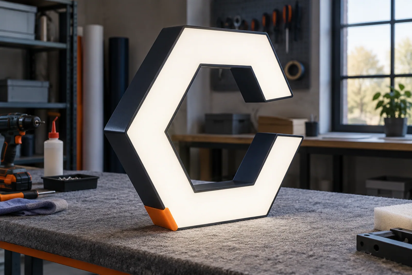 Frontleuchtendes geometrisches Profilelement mit dunklen Seiten auf einer gepolsterten Werkbank.