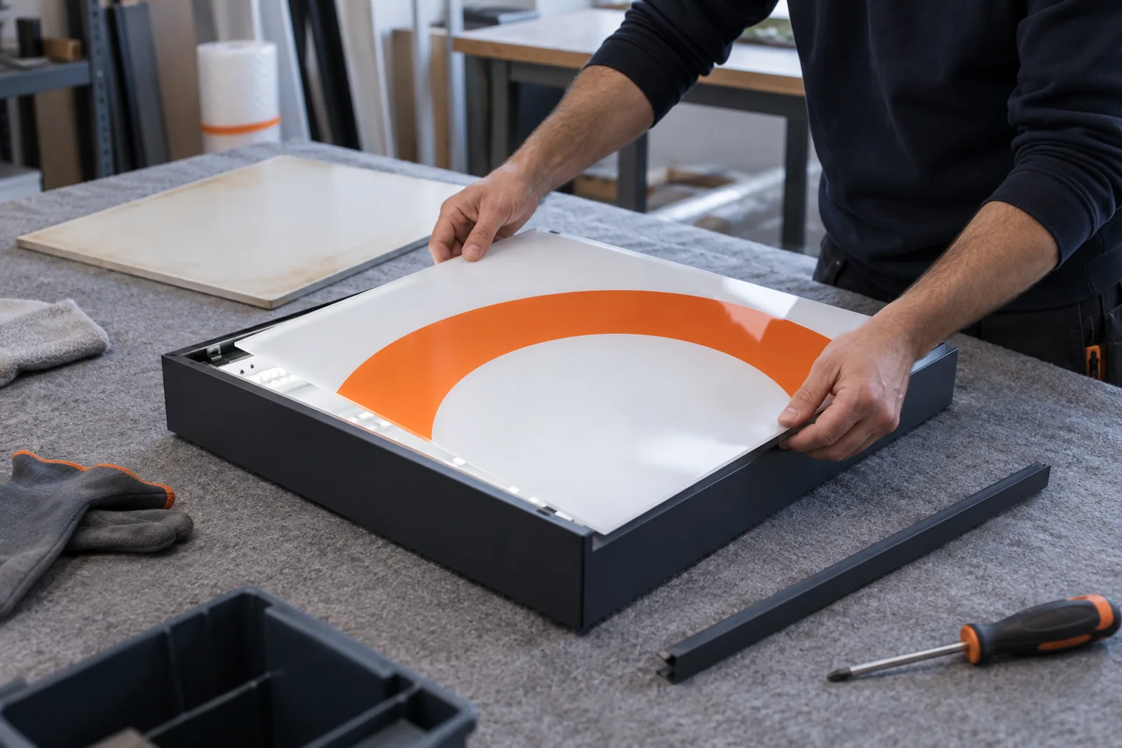 Hände setzen eine neue orange-weiße Ansichtsfläche in einen bestehenden Leuchtkasten ein.