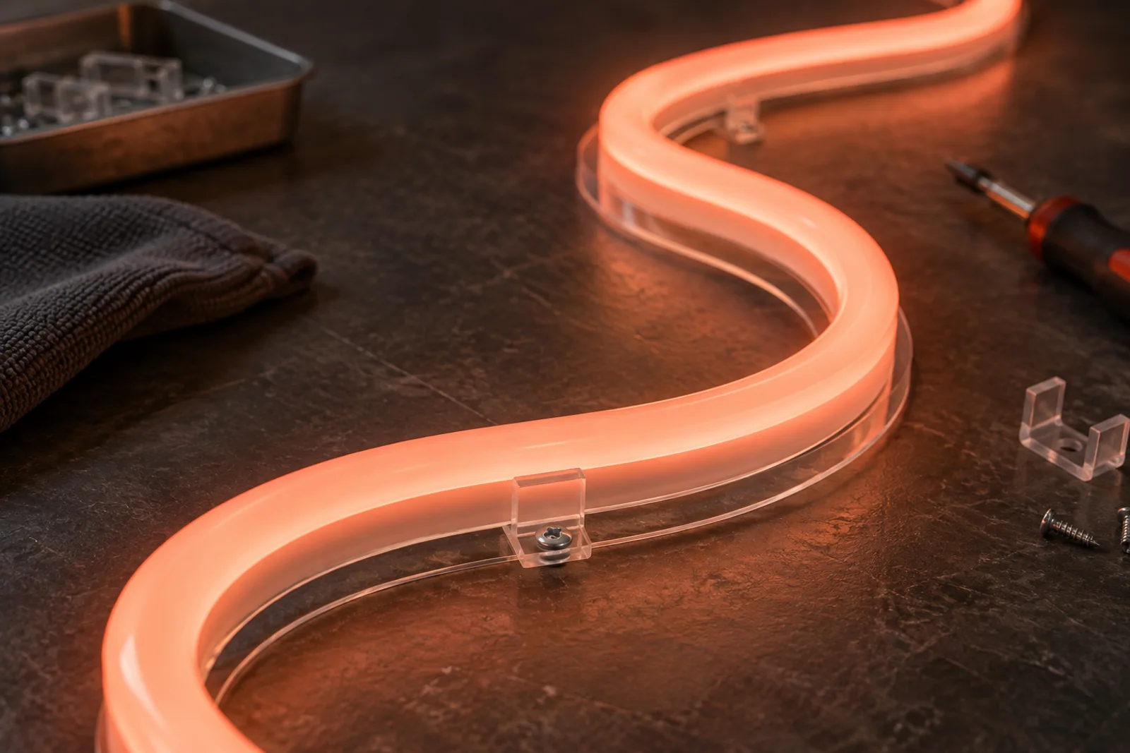 Korallfarben leuchtende LED-Neonlinie mit transparenter Halteklammer auf einer dunklen Werkbank.
