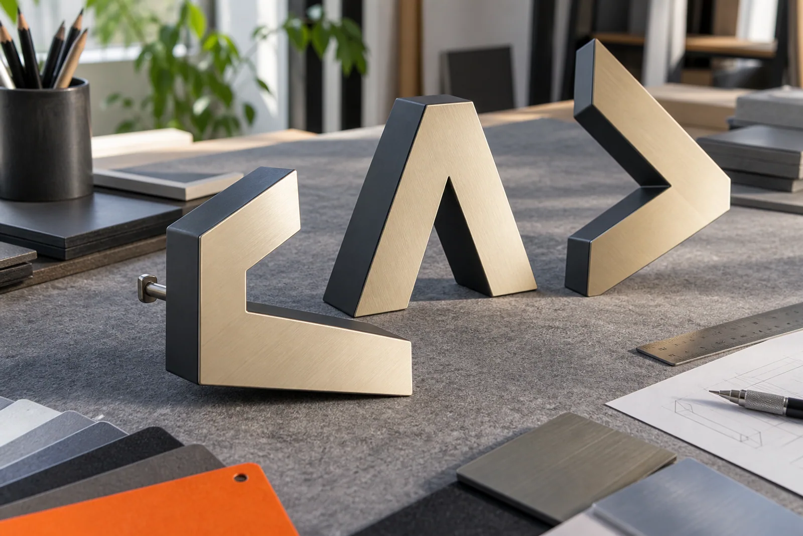Drei plastische Metallzeichen mit gebürsteten Fronten und dunklen Seiten auf einem Arbeitstisch.