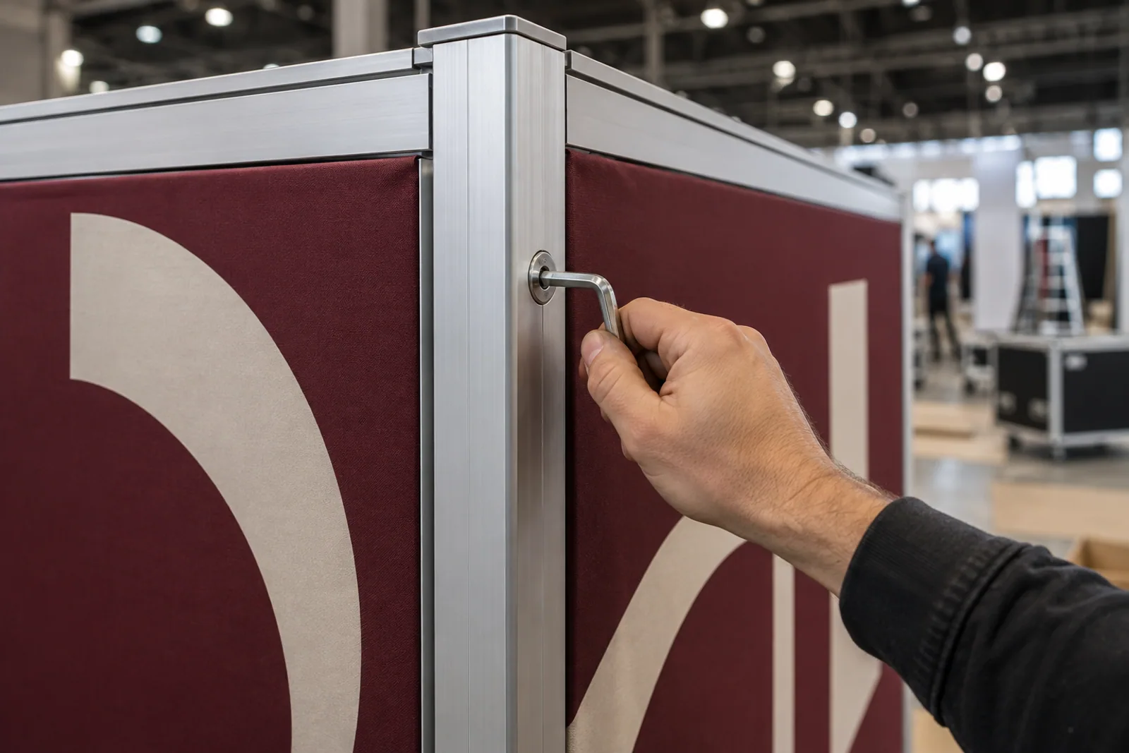 Ein Monteur zieht die Verbindung eines Aluminium-Messestandprofils neben bordeauxroten Grafikflächen fest.