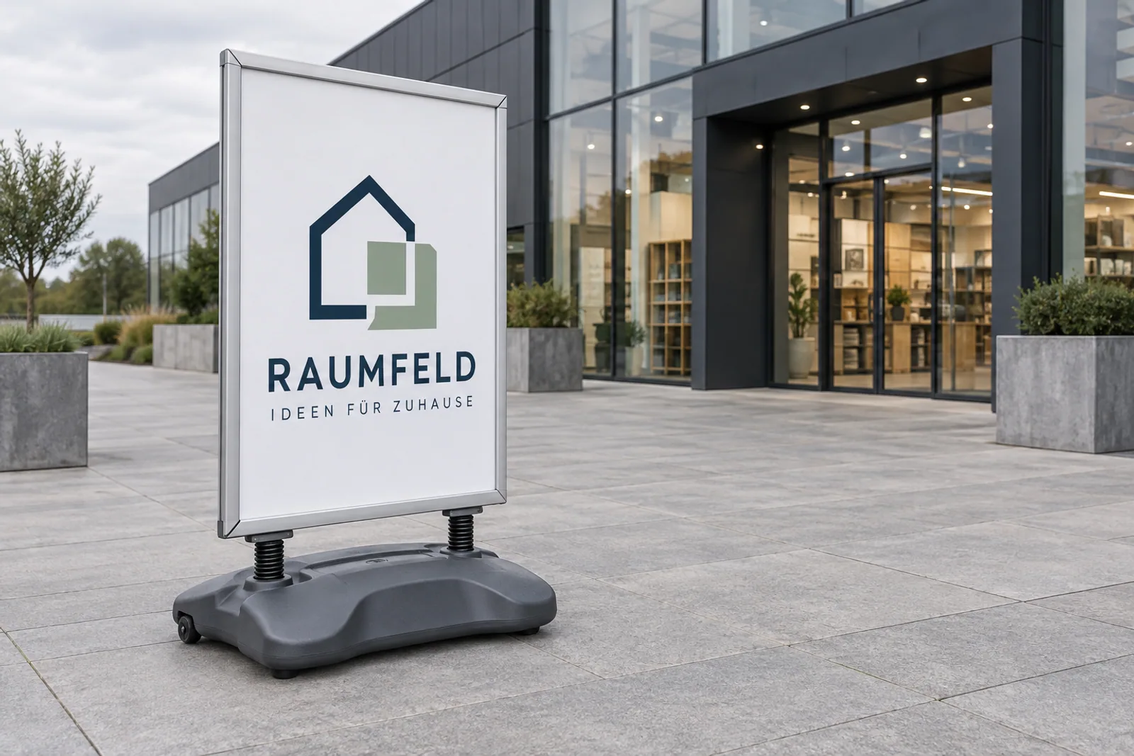 Ein RAUMFELD-Kundenstopper mit zwei Federstützen und grauem Tankfuß steht vor einem Fachmarkt.