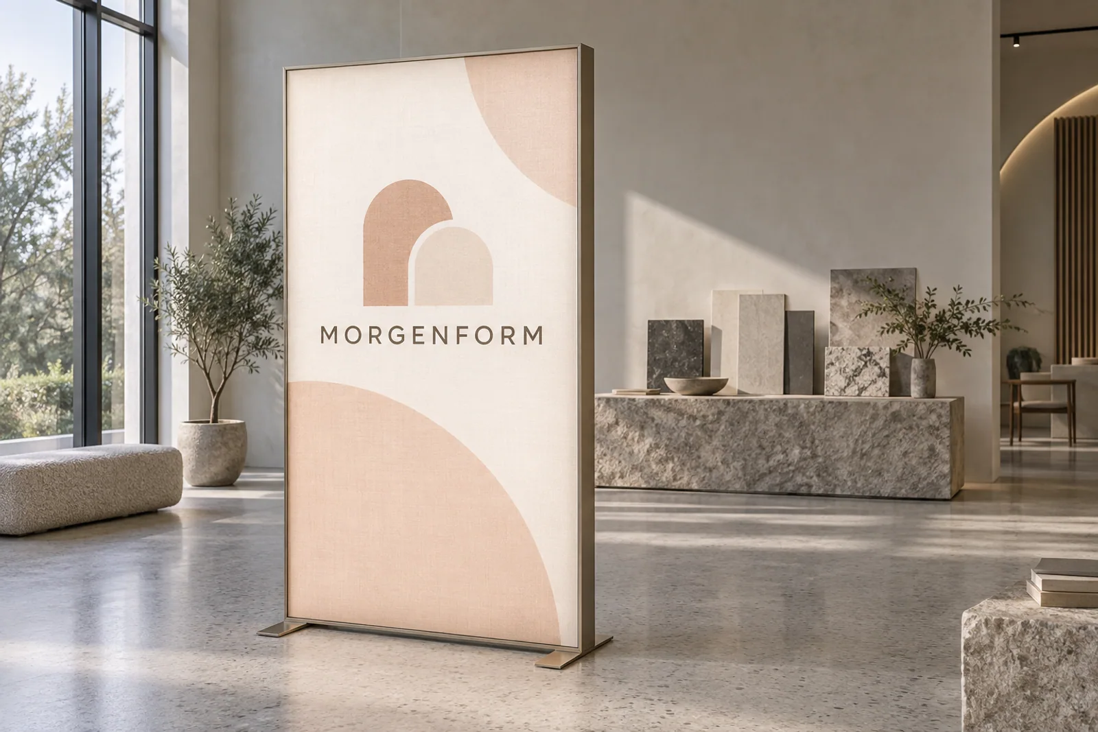 Eine schlanke LED-Textilwand mit dem Schriftzug MORGENFORM und hellen Bogenmotiven steht in einem ruhigen Showroom.
