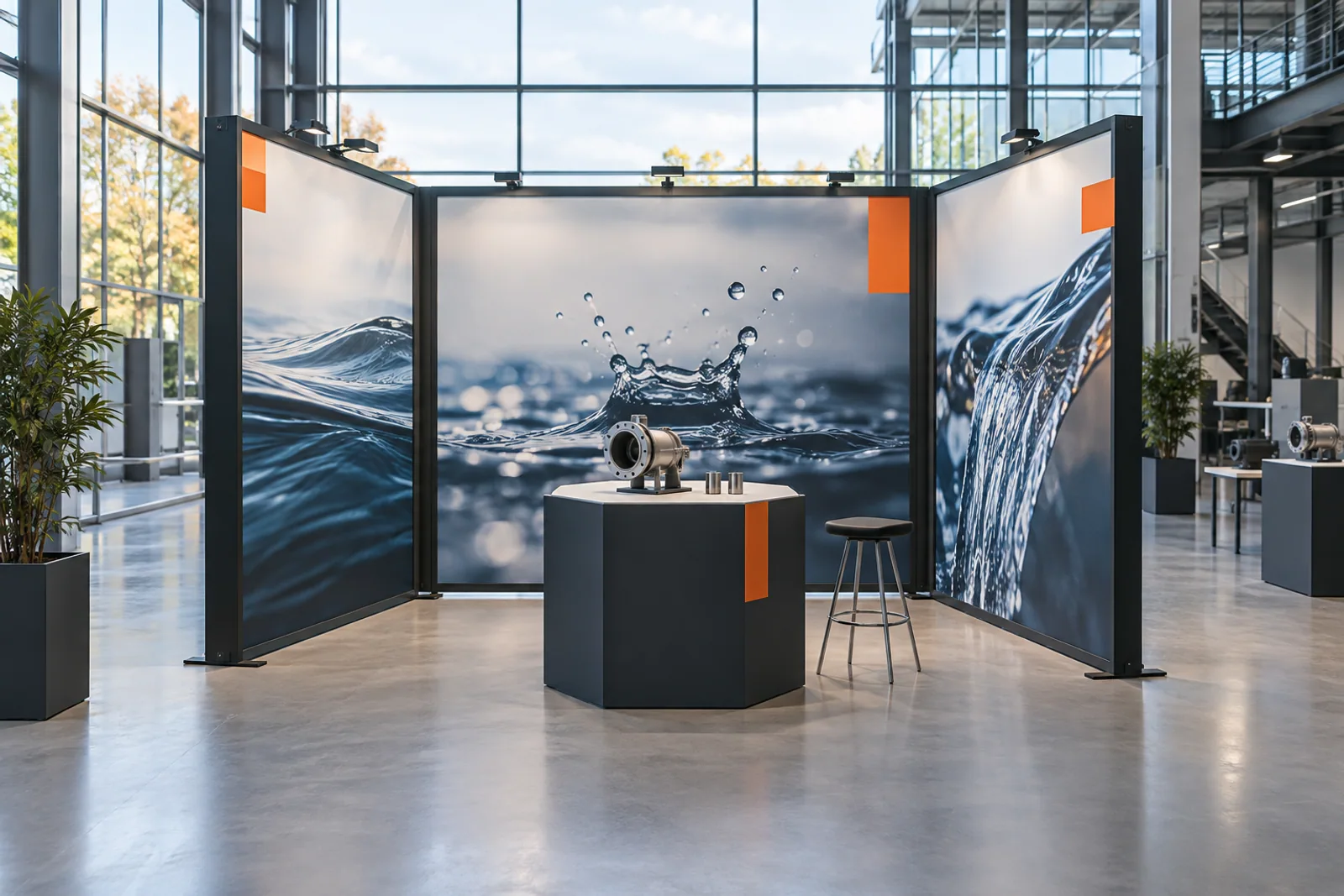 Modularer Messestand mit Wasserfotografien und einem technischen Ausstellungsstück im Glasatrium.