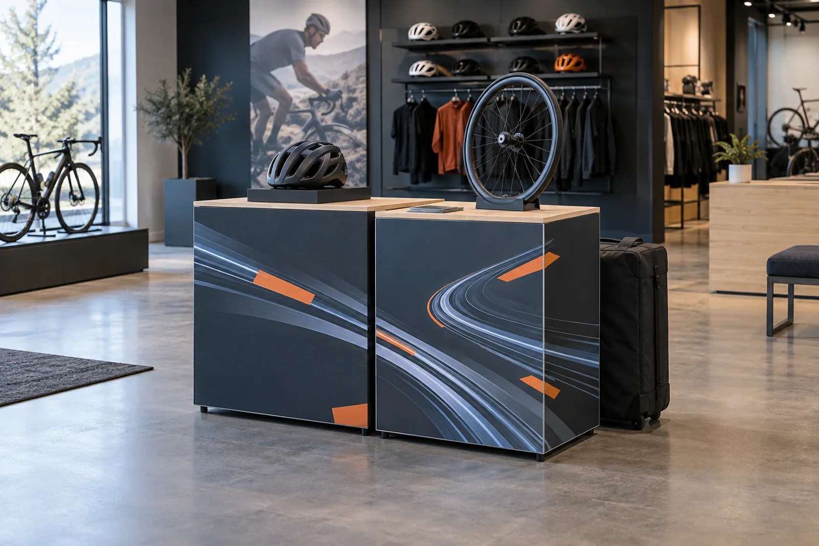 Zwei bedruckte Präsentationsmodule mit Fahrradhelm und Laufrad im Sportgeschäft.