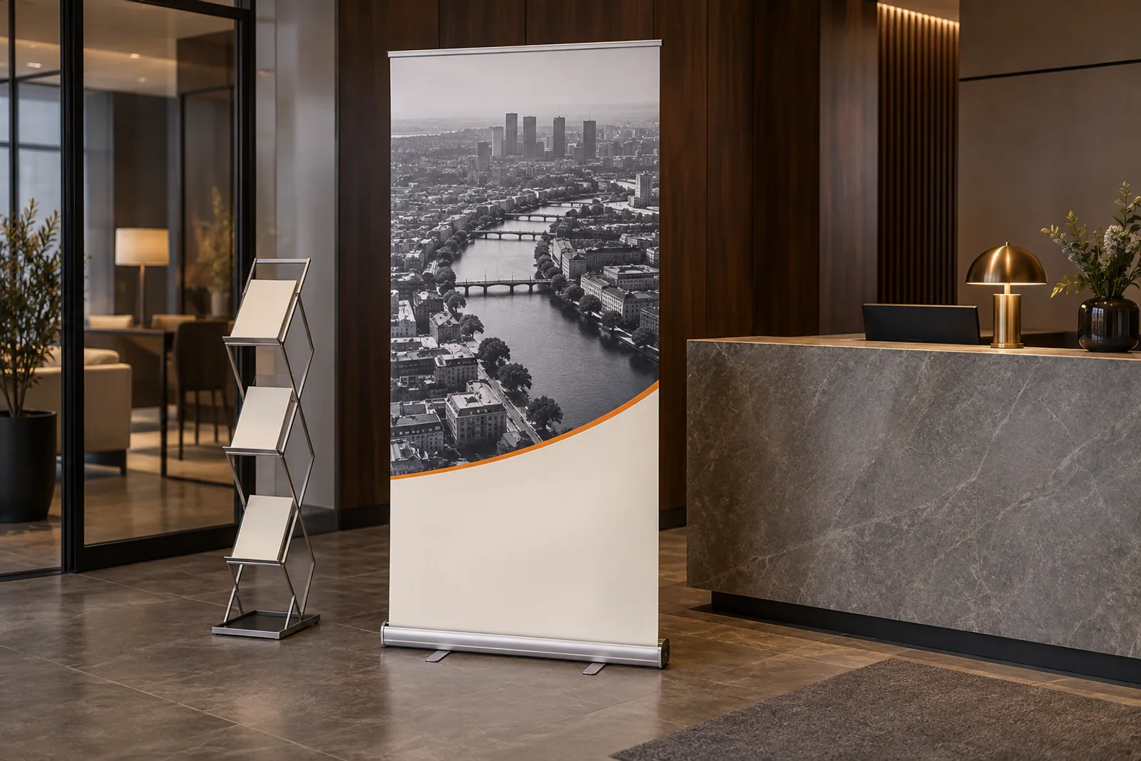 Roll-up mit schwarzweißem Stadtpanorama neben einem Empfangstresen aus Stein.