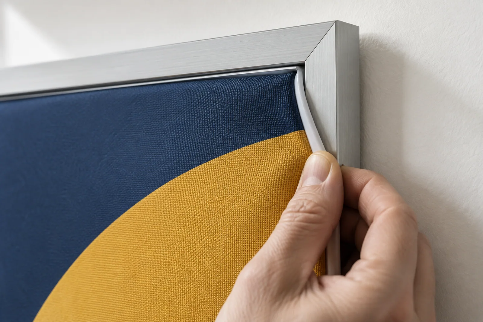 Eine Hand drückt den weißen Keder eines blau-gelben Drucktextils in die Nut eines Aluminiumrahmens.