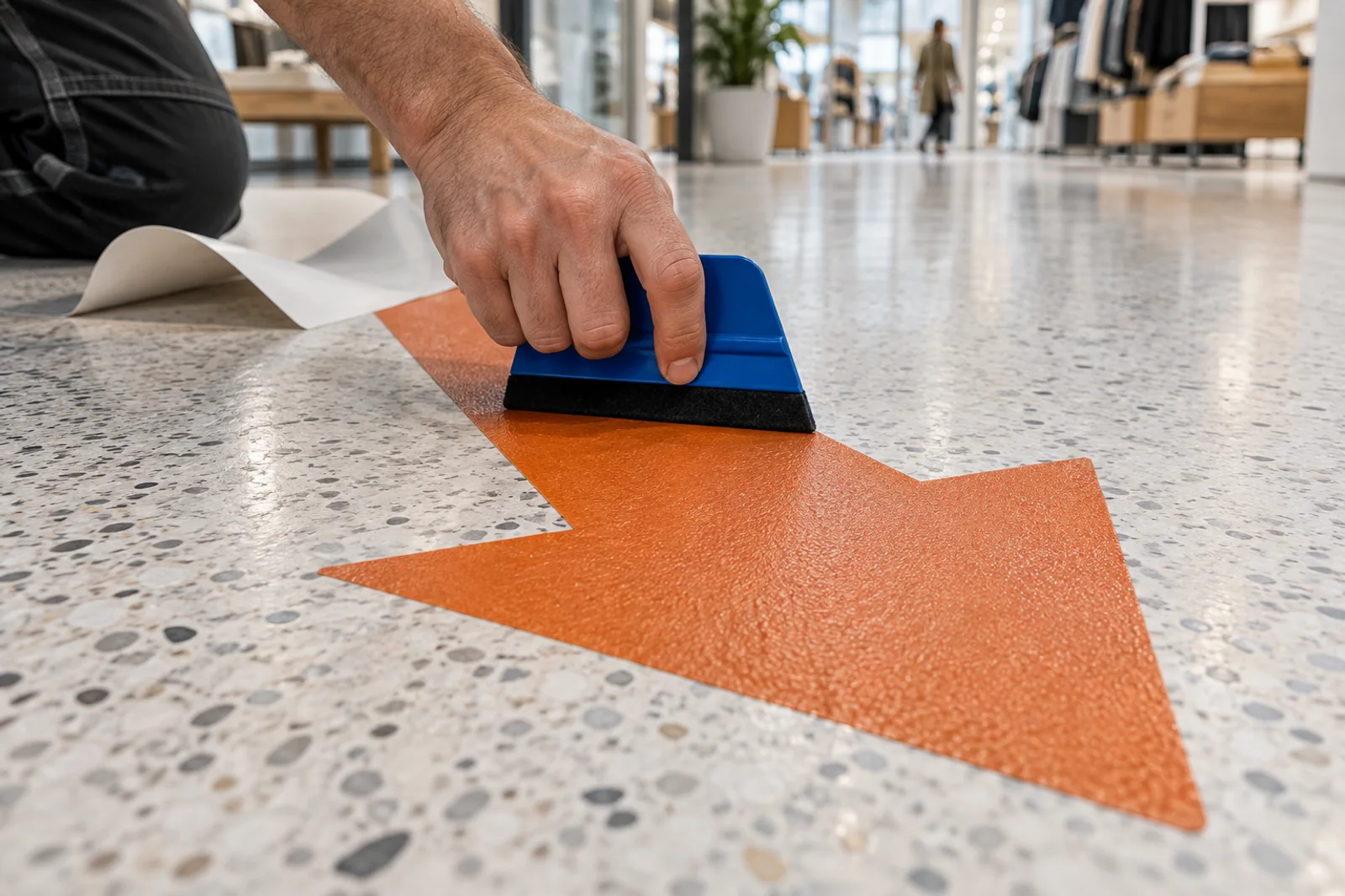 Eine Hand rakelt einen orangefarbenen Richtungspfeil auf einen hellen Terrazzoboden.