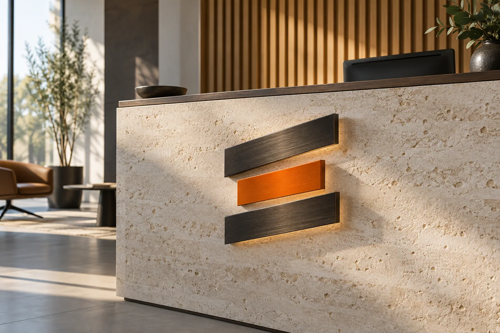 Plastisches geometrisches Metallzeichen mit orangefarbenem Element an einem hellen Empfangstresen.
