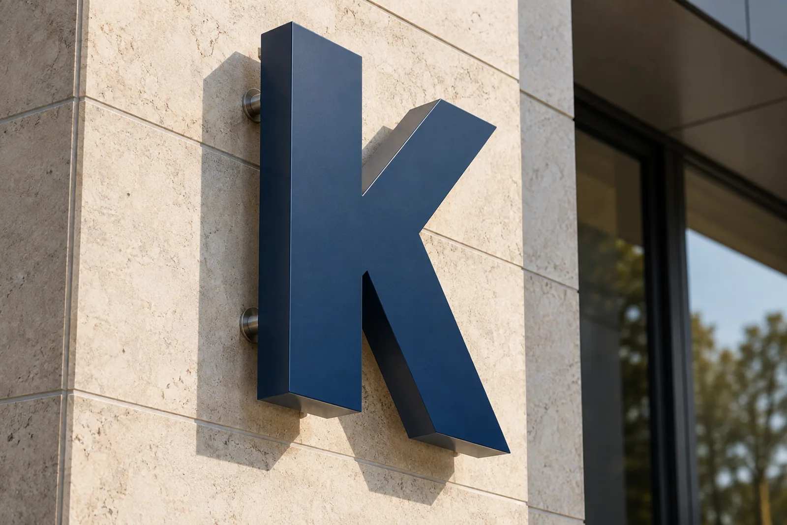 Dunkelblauer plastischer Metallbuchstabe K auf Abstandshaltern an einer hellen Natursteinfassade.