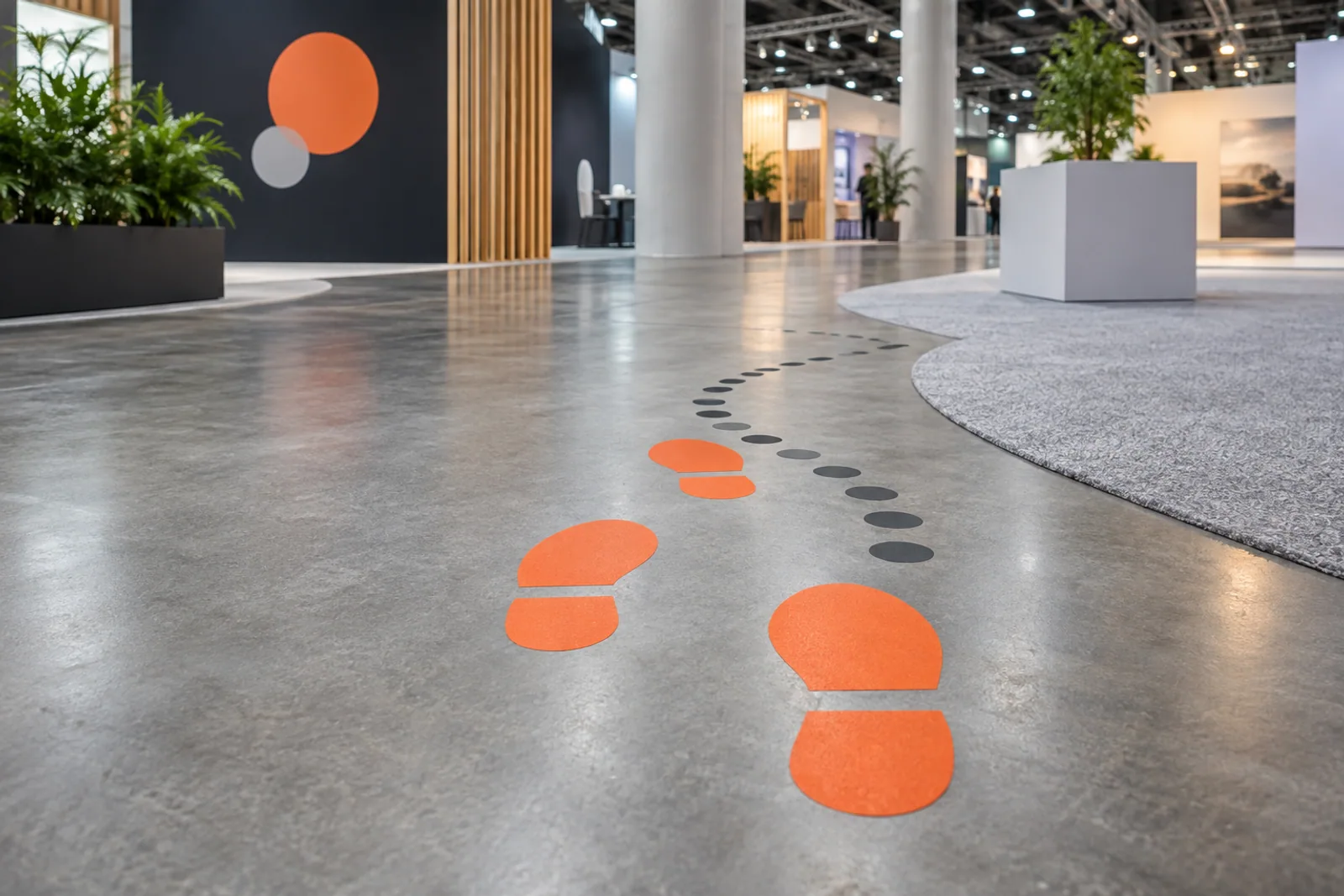Orange Fußabdrücke und eine gepunktete Bodenlinie führen durch eine Messehalle.