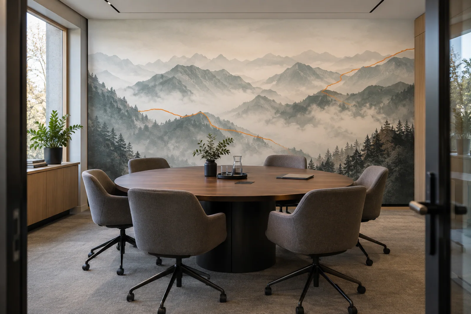 Panoramische Berglandschaft als Wandgrafik hinter einem runden Besprechungstisch.