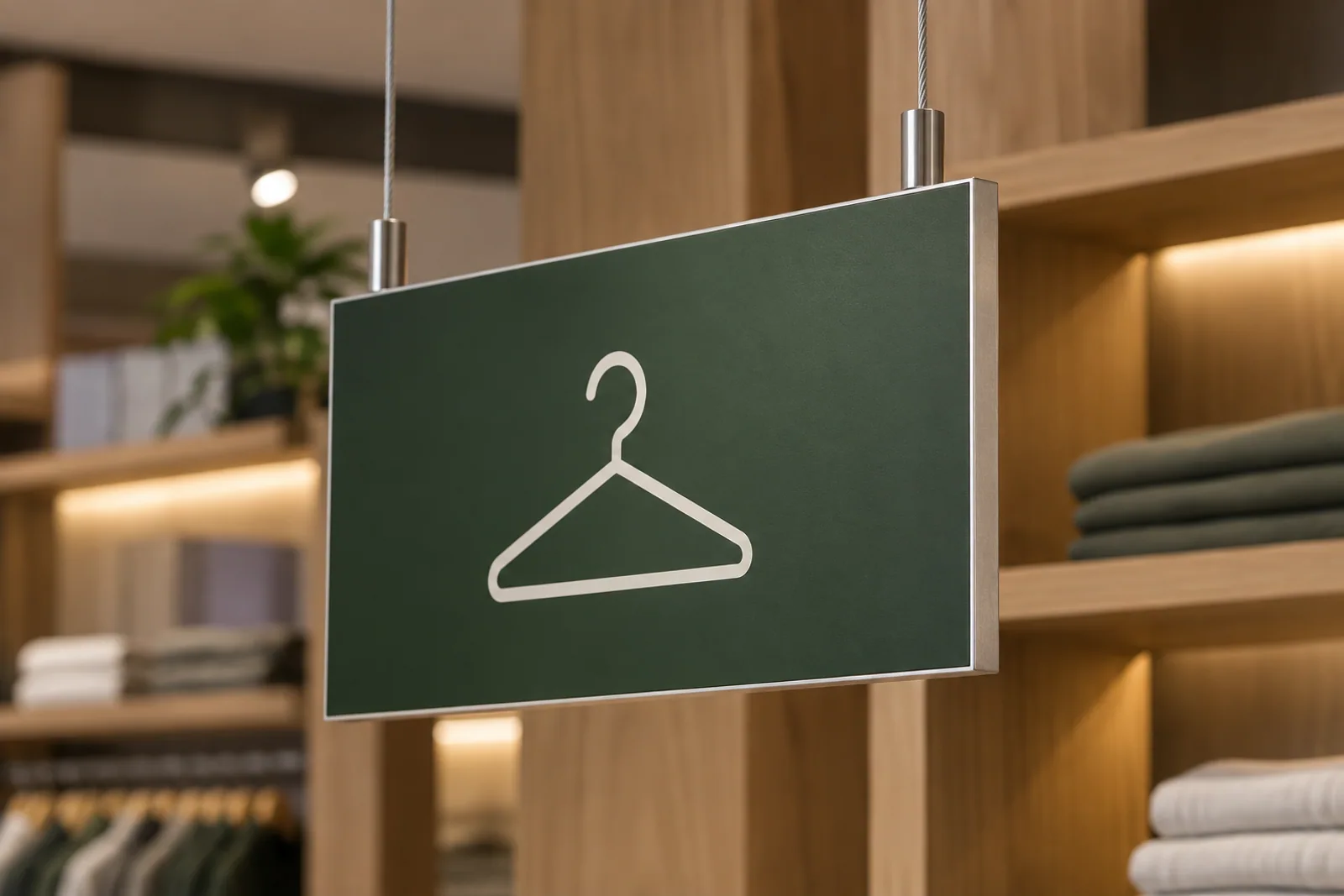 Grünes Bereichsschild mit weißem Kleiderbügel-Symbol an zwei Stahlseilen vor Holzregalen.
