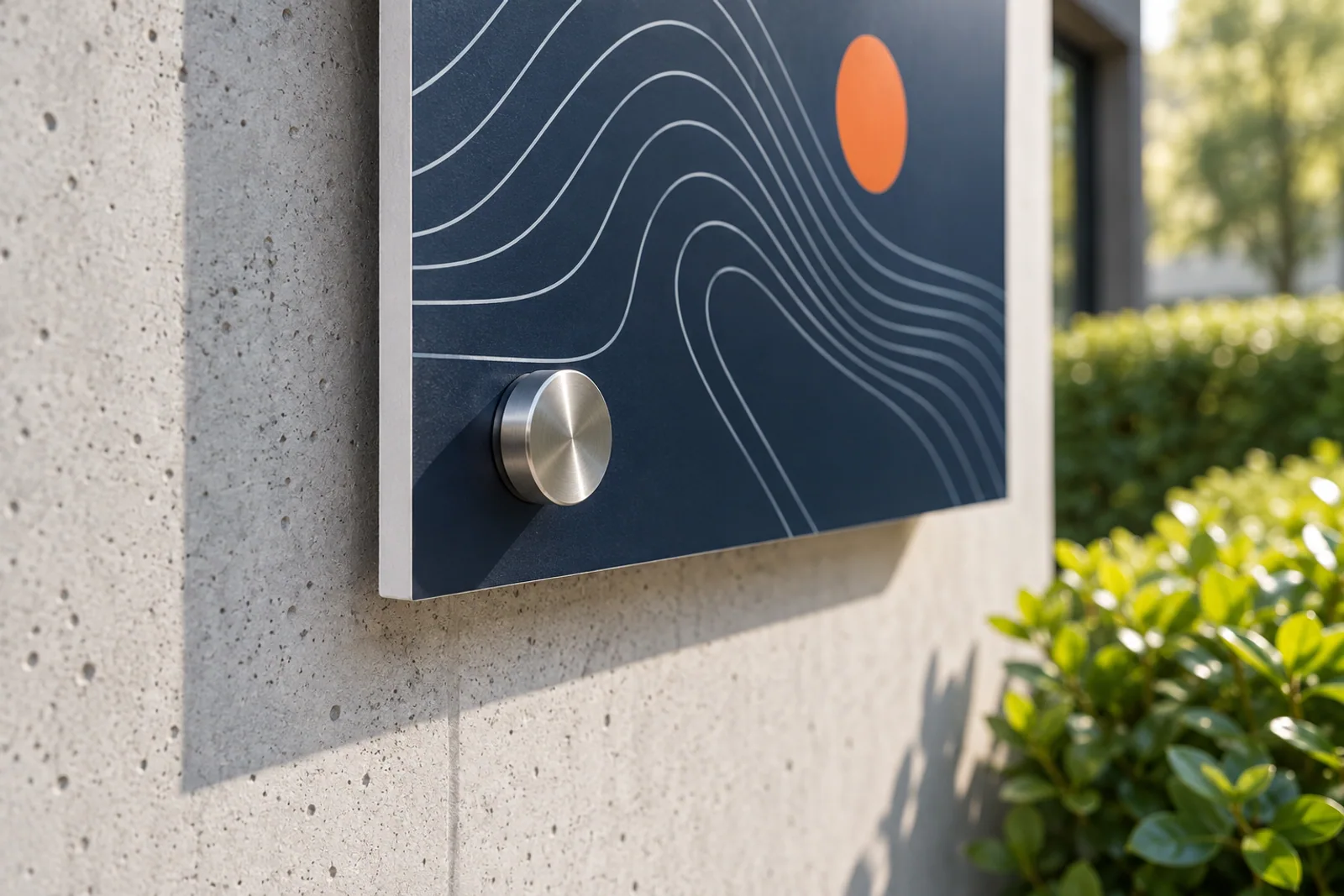 Detail einer bedruckten Schildplatte mit Edelstahlabstandshalter an einer Betonwand.