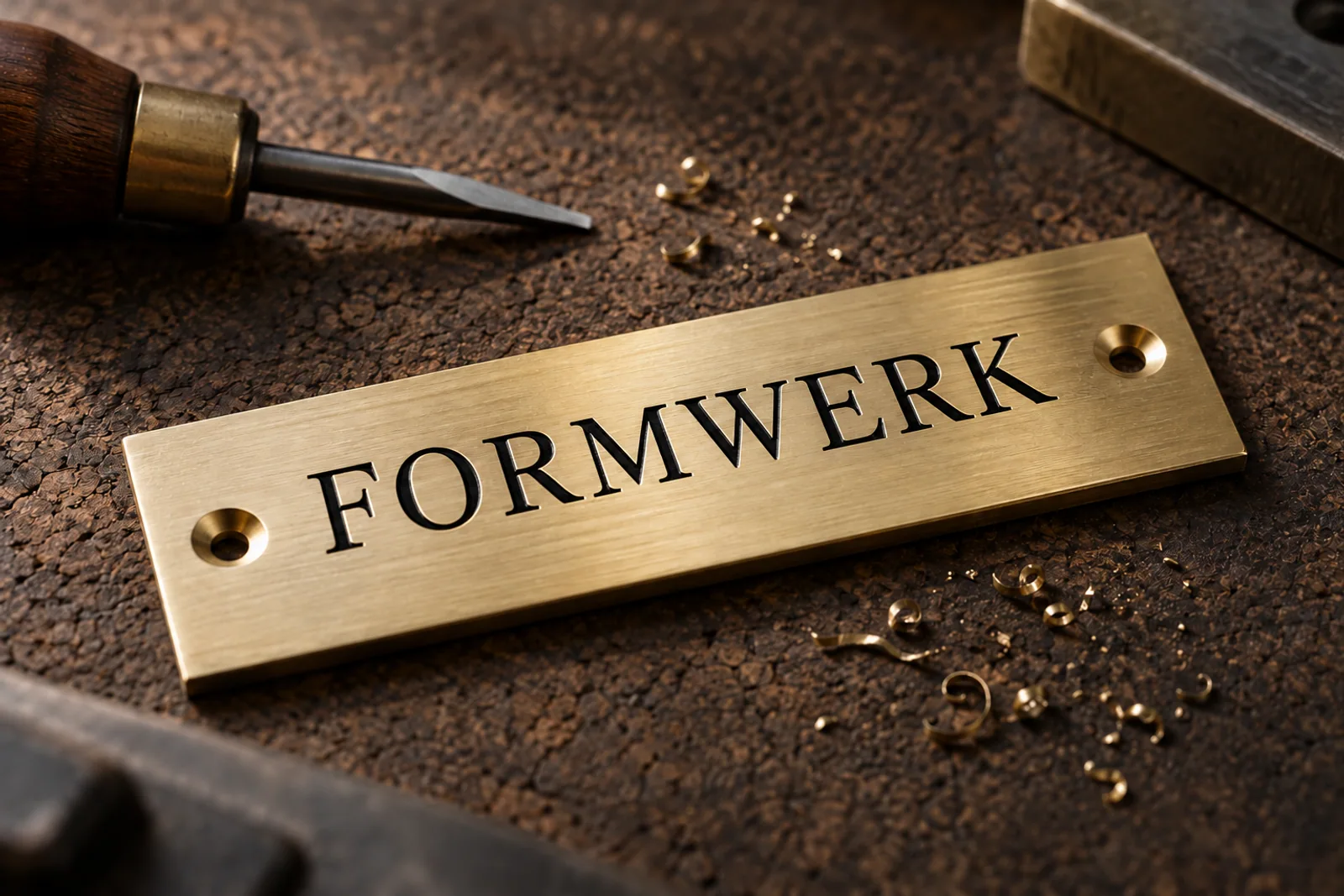 Gebürstetes Messingschild mit schwarzer Serifengravur „FORMWERK“ und zwei Senkbohrungen auf einer Werkbank neben Gravierwerkzeug und Metallspänen.