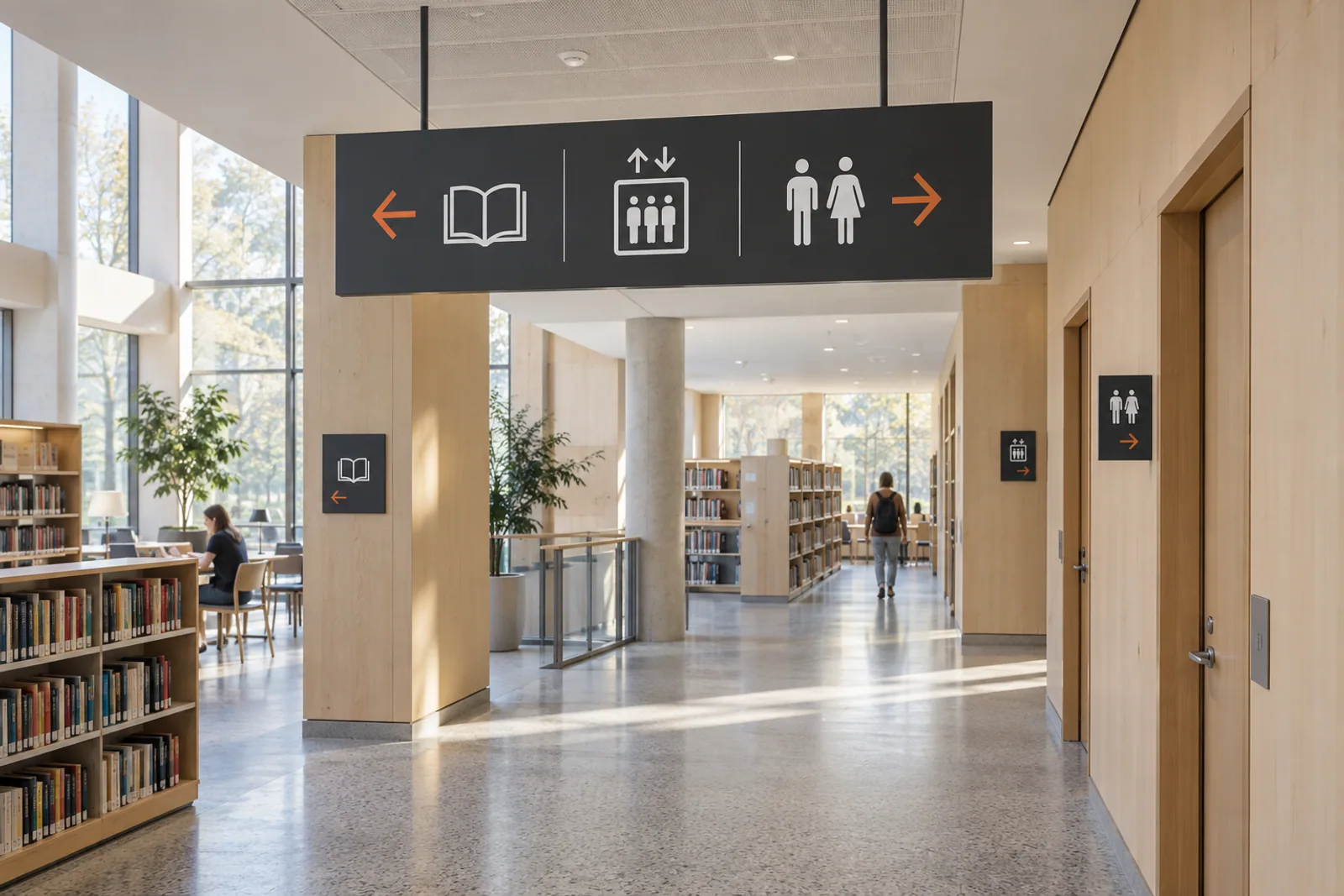Abgehängtes Orientierungsschild mit Bibliotheks-, Aufzug- und Sanitärpiktogrammen in einem hellen Foyer.