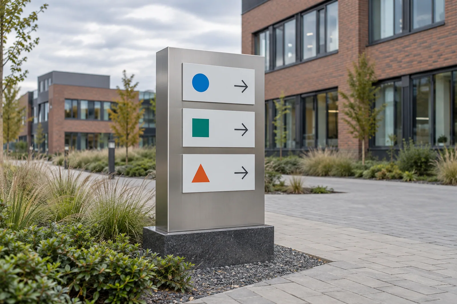 Metallene Orientierungsstele mit drei farbigen Symbolfeldern und Pfeilen vor einem Bürogebäude.