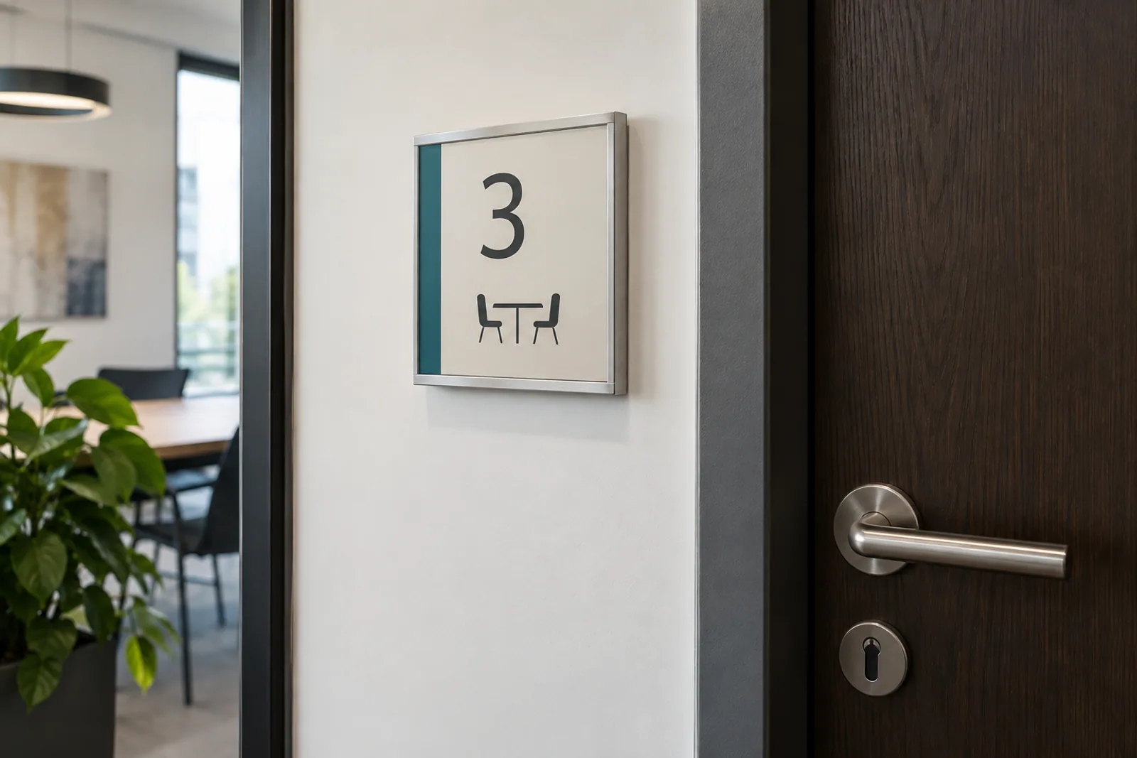 Modulares Türschild mit der Musternummer 3 und Besprechungssymbol neben einer dunklen Bürotür.