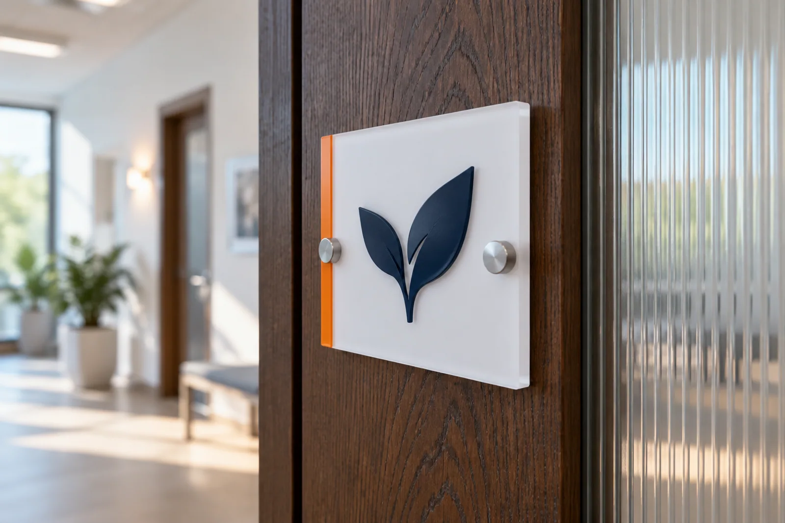 Acryl-Türschild mit plastischem dunkelblauem Blattmotiv und Edelstahlabstandshaltern an einer Holztür.
