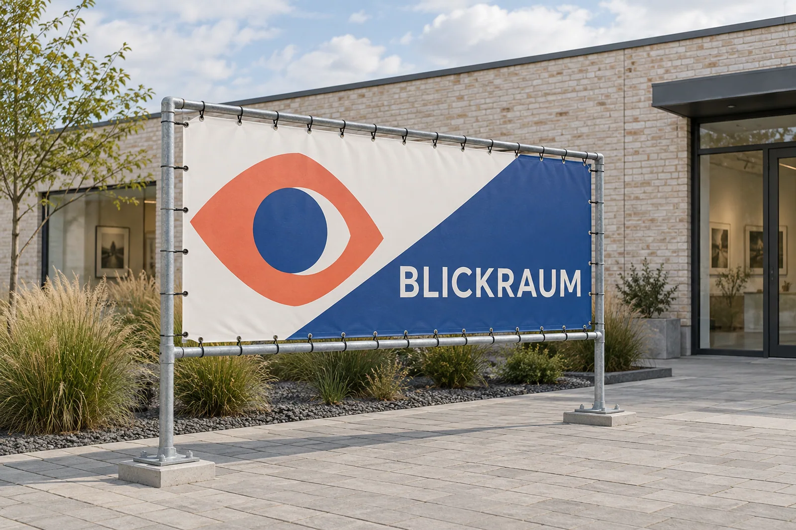 Freistehender Rohrrahmen mit blau-weißem BLICKRAUM-Banner, orangefarbenem Augenlogo und verschraubten Bodenplatten vor einem hellen Ateliergebäude.