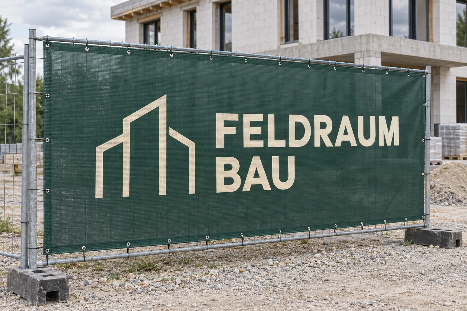 Grün bedrucktes Mesh-Bauzaunbanner „FELDRAUM BAU“ mit hellem Gebäudesignet an einem mobilen Bauzaun vor einem Rohbau.