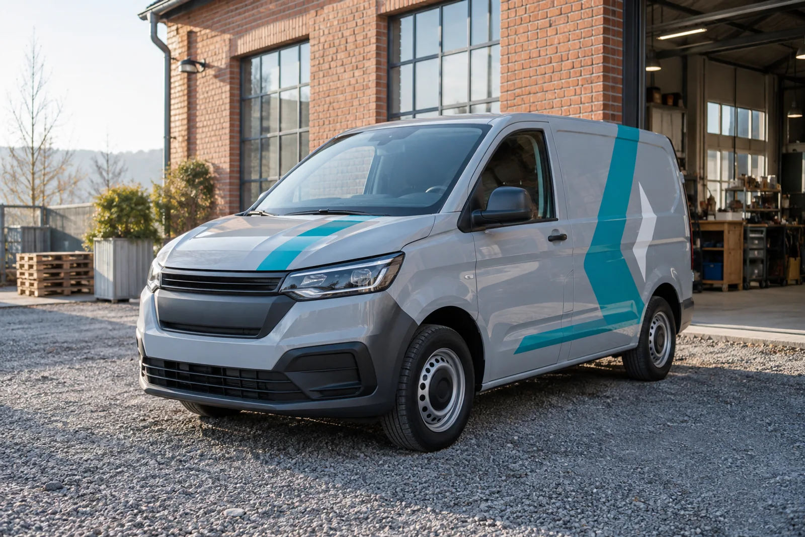 Hellgrauer Transporter mit türkisfarbenen Folienstreifen vor einer Backsteinwerkstatt.