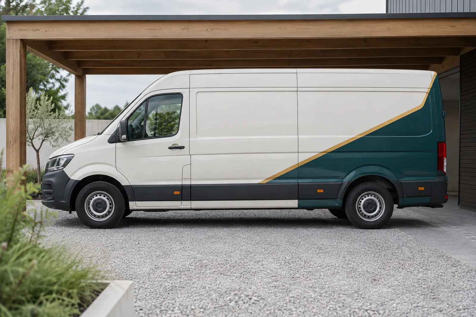 Elfenbeinfarbener Transporter mit petrolfarbener Teilfolierung unter einem Holzcarport.