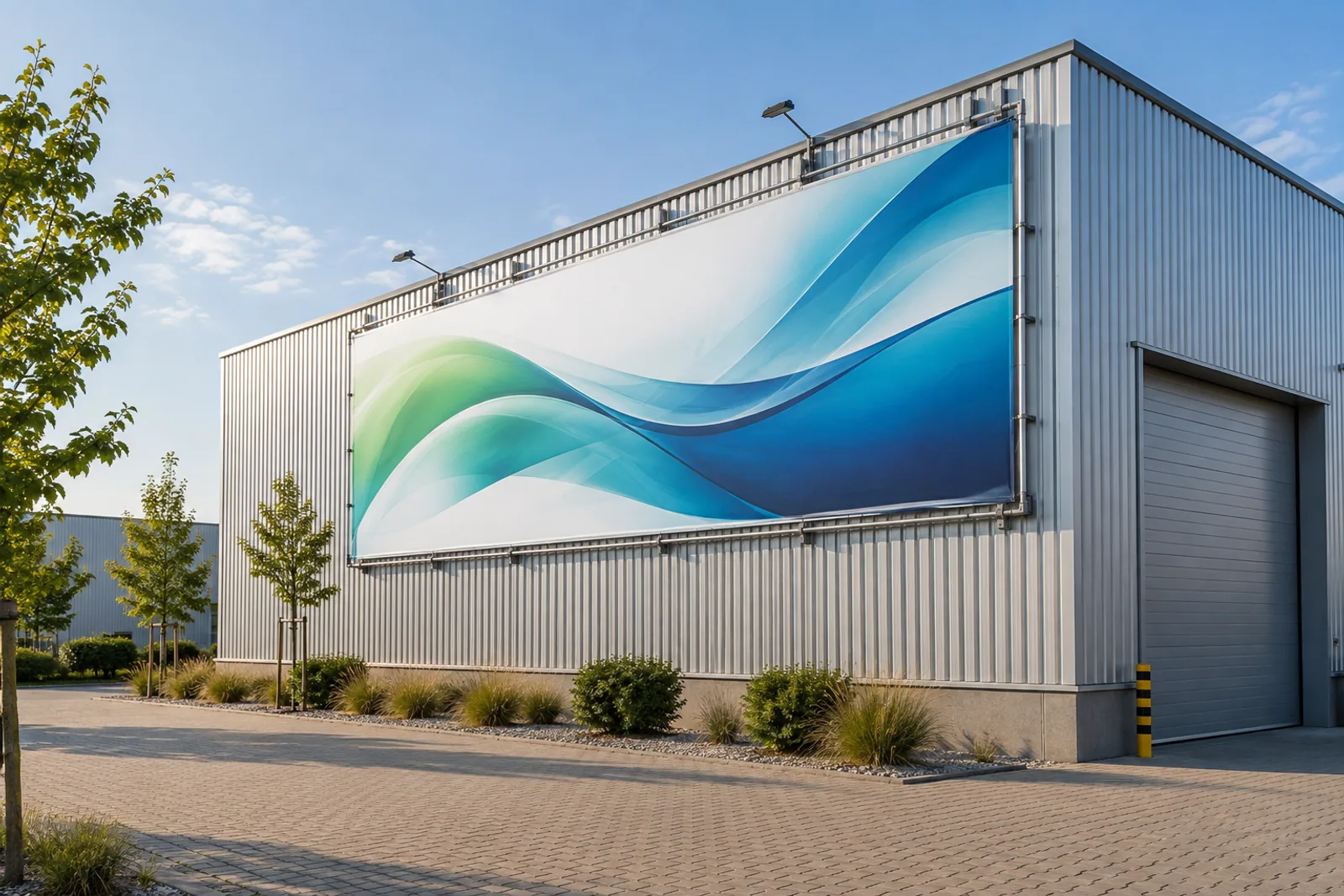 Großes blau-grünes Fassadenmotiv in einem Rahmen an einer Metallhalle.