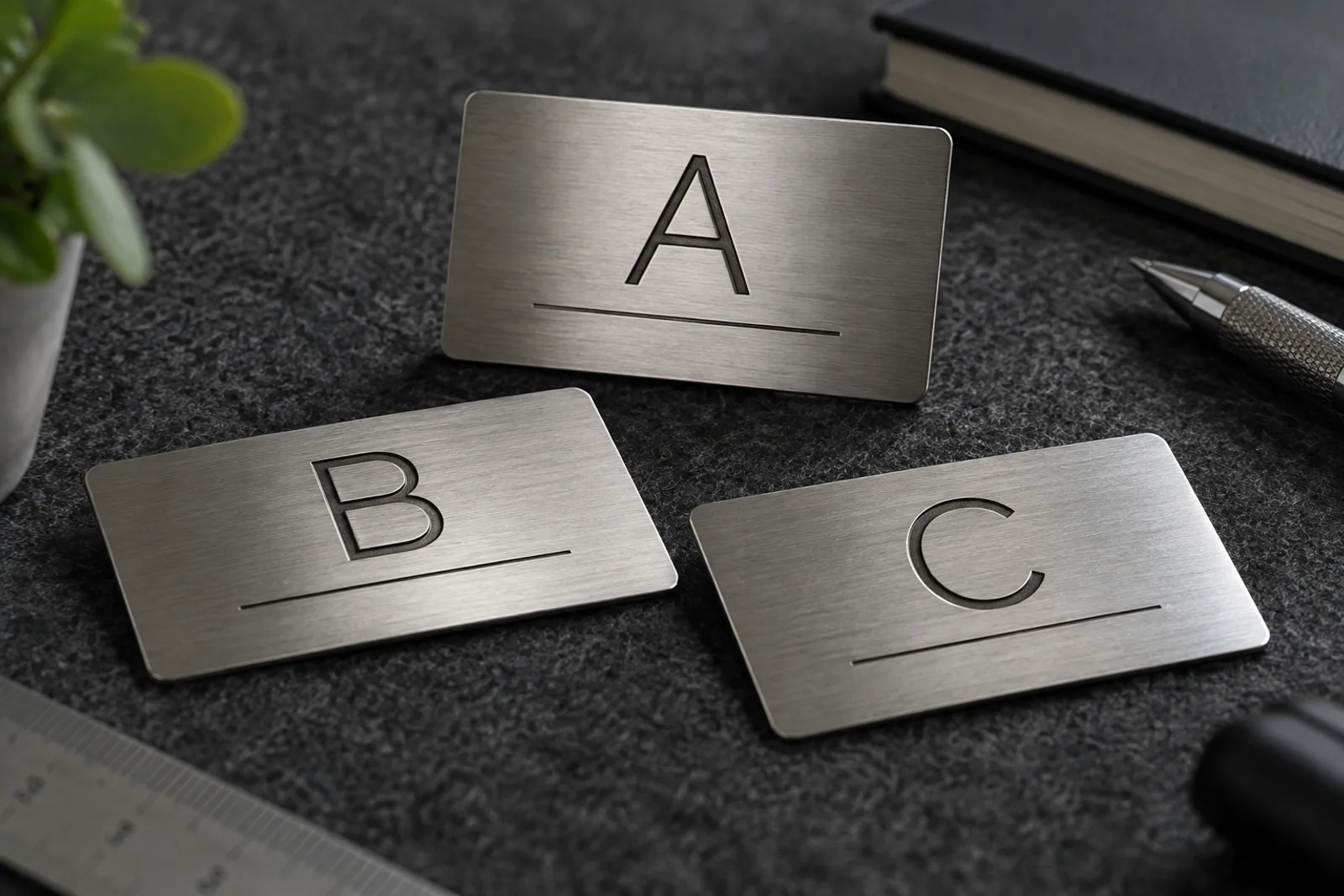Drei gebürstete Metallschilder mit gravierten Musterbuchstaben A, B und C.