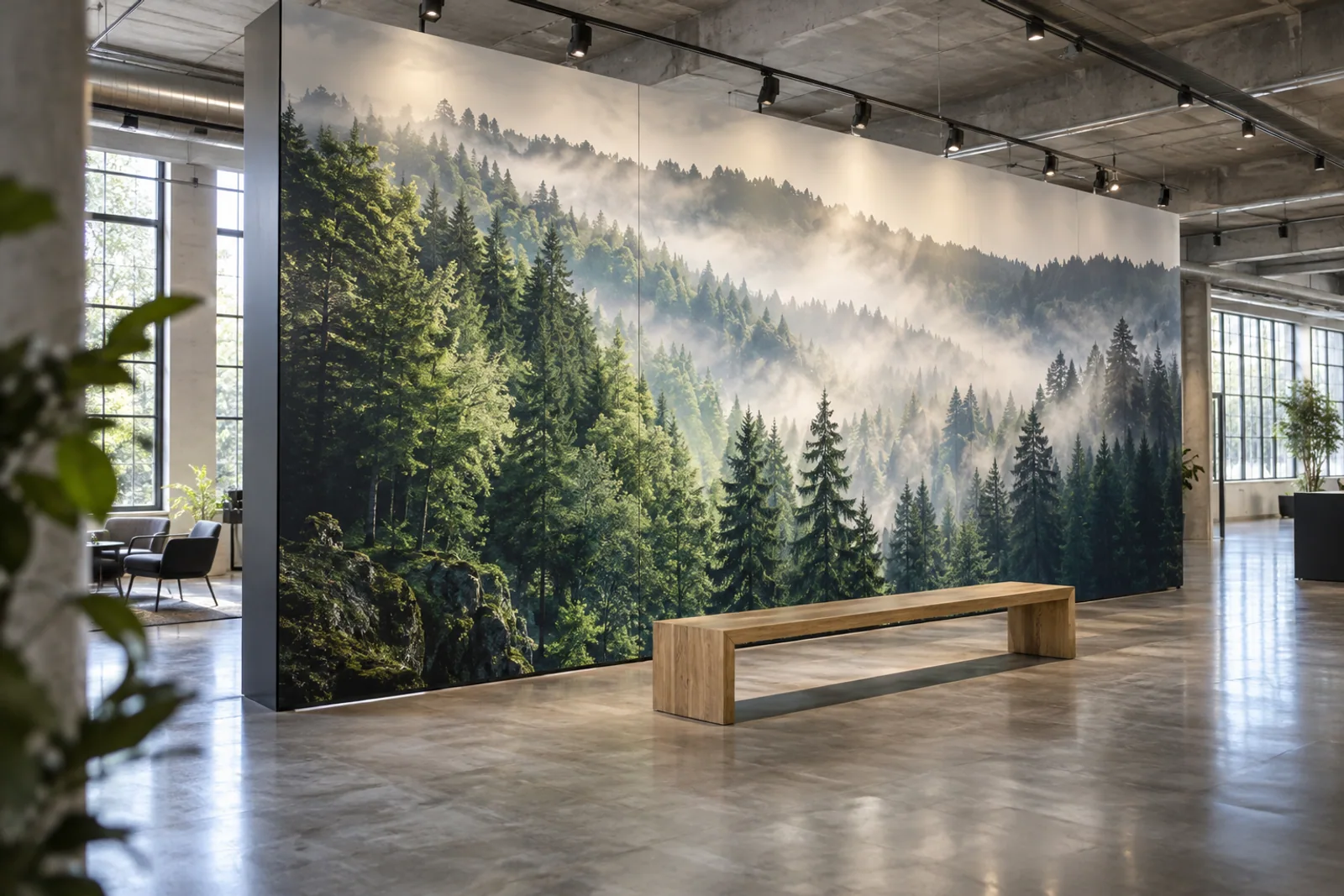 Großformatige Druckwand mit nebligem Waldmotiv und einer Holzbank in einer Ausstellungshalle.